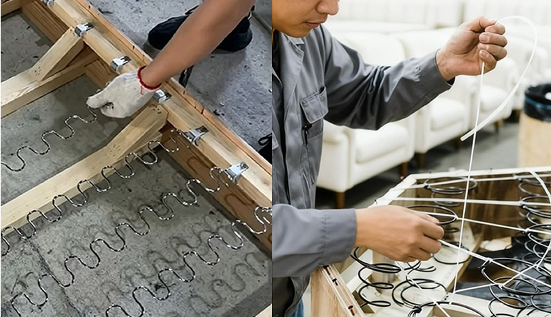 Solid wood frame and 8-way hand-tied spring seat support system for durable sofa construction
