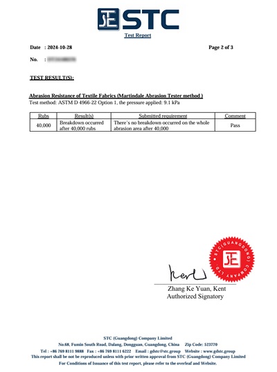 Abrasion Resistance Test Report - Hanleide Furniture